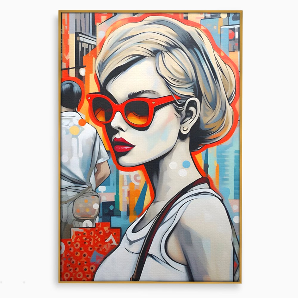 Tablou canvas cu tablou canvas cu portret stilizat de femeie, in rama de aluminiu auriu